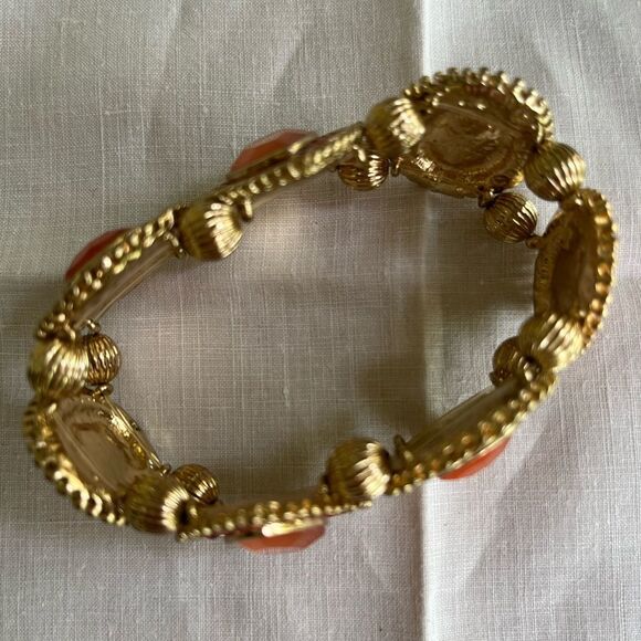 Bracelet, pink and orange stones with gold tone framing, double elastic - Picture 4 of 5